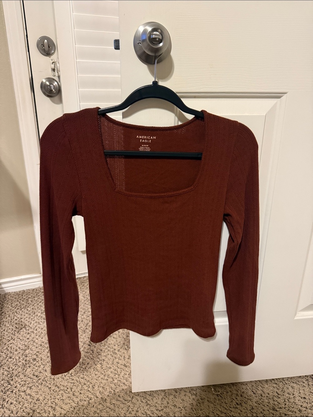 American Eagle Outfitters Rust-Red Square Neck Long Sleeve Top
